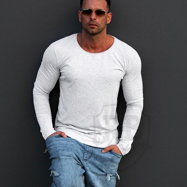 Plain Mens Long Sleeve T-shirt High Quality Longline Stretch Cotton Muscle Fit Shirts Beige, White Army Green Black Champagne