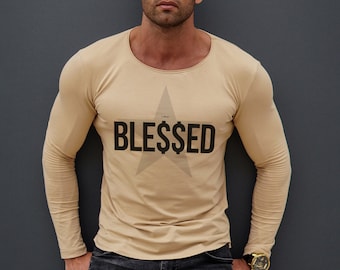 Mens Long Sleeve Shirt: 'Blessed' Print, Stretch Cotton