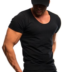 Plain Mens Black T-shirt - Scoop neck / High Quality Stretchy Cotton / Slim Fit Style RB Design