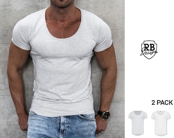 Bundle Plain Mens T-shirts Ecru Melange and White / Scoop Neck Muscle Slim Fit / Street Style Cool Tees / High Quality Stretchy Cotton