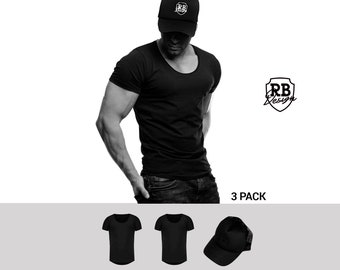 Men's Black Scoop Neck T-Shirt Bundle: Stretchy Cotton, Slim Fit + Summer Hat