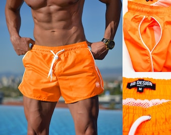 Men's Orange Swimming Shorts  Trunks, Elastic Waist, Regular Fit