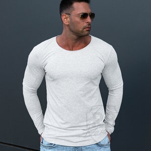 High Quality Plain Mens Long Sleeve T-shirt Ecru Melange Gray Color - Longline Stretch Cotton Muscle Fit Shirt