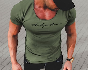 Alpha Scoop Neck Muscle Fit T-Shirt: Stretch Cotton Longline Tee