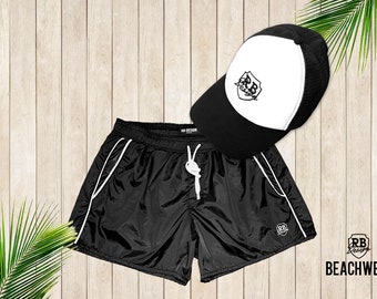 Black Hat and Men's Swim Shorts Bundle, Elastic Waist