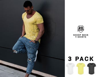 Men's Scoop Neck T-Shirt 3-Pack: Stretchable Cotton  Slim Fit Tees / Yellow, Black and White