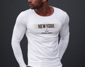 Mens Long Sleeve Shirt: New York Graphic Print, Longline Fashion Top