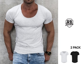 Men's Scoop Neck Muscle T-shirts / Ecru Melange & Black (2-Pack) / Street wear /