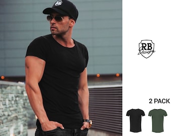 Mens Black & Army Green Cotton T-Shirt Bundle: Longline Stretch Tee