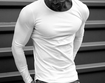 High Quality Plain White Mens Long Sleeve T-shirt - Longline Stretch Cotton Muscle Fit Shirts Beige, Army Green, Black