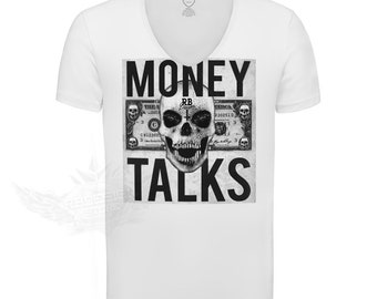 Homme Blanc Col V profond T-shirt Designer Skull Money Talks Dollar Bill MD669 Noir