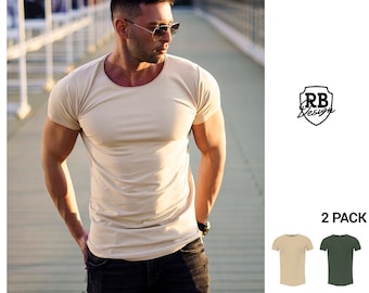 Mens Beige & Army Green T-Shirt Bundle: Stretchy Cotton Longline