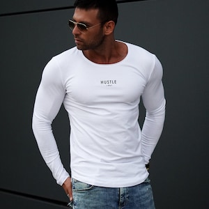Mens Long Sleeve Shirt &quot;Hustle&quot; Motivation Slogan BOSS, Ceo, Business Owner Gift/ Beige, Army Green, White Cool Fashion Slim Fit Tops MD955