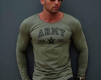 Mens Long Sleeve Shirt: Army Print Slim Fit Cotton Top / Winter Clothing /