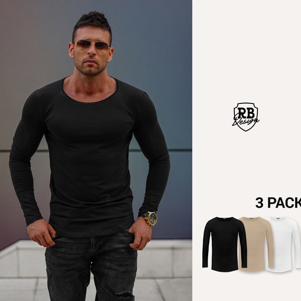 Bundle Mens Long Sleeve Shirts / Black, Beige and White / Winter High Quality Longline Stretch Cotton Muscle Fit Shirts