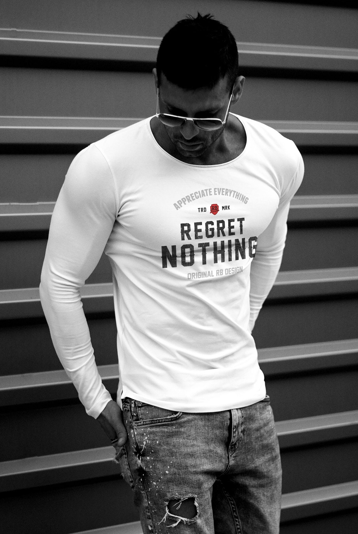 Mens Long Sleeve Shirts "Regret Nothing" High Quality RB Design Brand Stylish Slim Fit Beige, Army Green, White Tops / Stretch Cotton MD982