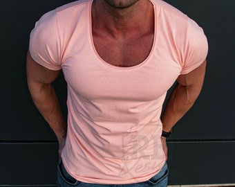 Mens Peach Pink Scoop Neck T-shirt: Slim Fit Stretchy Cotton