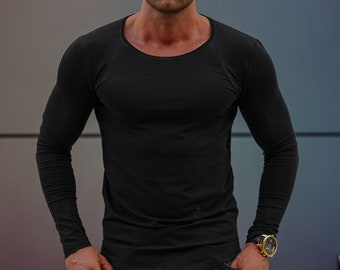 Plain Black Mens Long Sleeve T-shirt  Winter High Quality Printed Longline Stretch Cotton Muscle Fit Shirts Beige, White Army Green