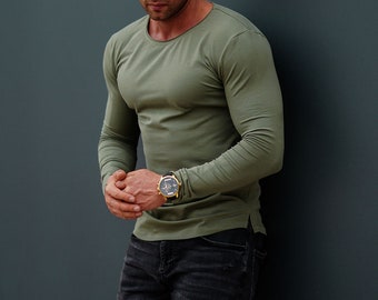High Quality Plain White Mens Long Sleeve T-shirt - Longline Stretch Cotton Muscle Fit Shirts Beige, Army Green, Black