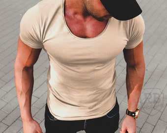 Men's Beige Scoop Neck T-shirt – Slim Fit Stretchable Cotton Tee