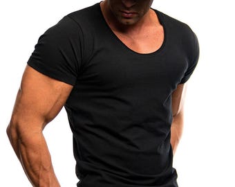 Men's Black T-shirt Scoop Neck - Stretchable Cotton - Muscle Slim Fit Style - Comfortable touch