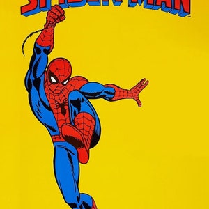 May include: A vintage comic book-style illustration of Spider-Man against a yellow background. The superhero is depicted in his classic red and blue suit, swinging with a web. The title "SPIDER-MAN" is displayed in red and blue block letters.