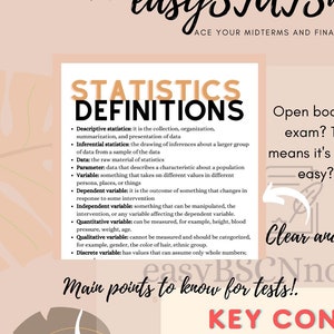 Può includere: Una guida di studio illustrata rosa e marrone con il titolo "easy STATSnotes" e il sottotitolo "ACE YOUR MIDTERMS AND FINALS!" La guida include definizioni di termini statistici, concetti chiave e diagrammi utili che spiegano i concetti. Il testo "Open book statistics exam? Think that means it's going to be easy? NOPE." è incluso nell'immagine.