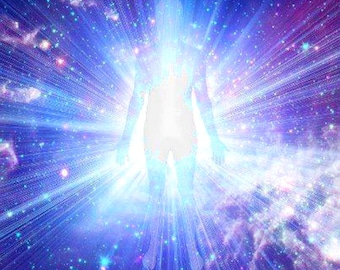 May include: Digital art depicting a luminous human figure radiating bright light. The figure is silhouetted against a backdrop of swirling blues, purples, and sparkling stars, creating a sense of cosmic energy and spiritual awakening.