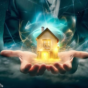 Peut inclure: Une petite maison illuminée, tenue dans des mains ouvertes. La maison est éclairée de l'intérieur. L'arrière-plan présente un ciel sombre avec des motifs énergétiques abstraits bleus et dorés.