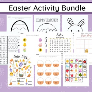 May include: A printable Easter activity bundle with a variety of games and activities for kids. The bundle includes a word search, a bingo game, a coloring page, a connect-the-dots activity, and an I Spy game. The activities are all themed around Easter and feature images of bunnies, eggs, carrots, and other Easter symbols.