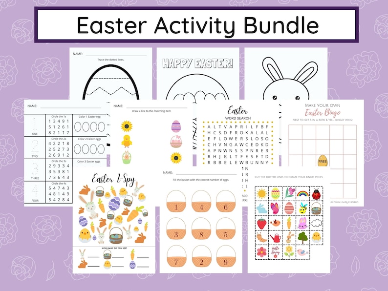May include: A printable Easter activity bundle with a variety of games and activities for kids. The bundle includes a word search, a bingo game, a coloring page, a connect-the-dots activity, and an I Spy game. The activities are all themed around Easter and feature images of bunnies, eggs, carrots, and other Easter symbols.
