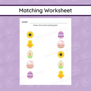 May include: A printable Easter-themed matching worksheet with a title that reads "Matching Worksheet". The worksheet has a section for a name and instructions to draw a line to the matching item. The worksheet features images of a chick, a basket with a bunny, a basket with eggs, a sunflower, and a purple and white striped egg.