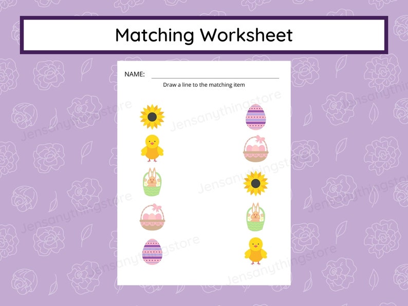 May include: A printable Easter-themed matching worksheet with a title that reads "Matching Worksheet". The worksheet has a section for a name and instructions to draw a line to the matching item. The worksheet features images of a chick, a basket with a bunny, a basket with eggs, a sunflower, and a purple and white striped egg.