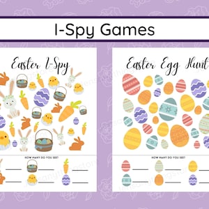 May include: Two printable Easter-themed I Spy games. The first game features a white bunny, chicks, carrots, and Easter eggs. The second game features a grid of colorful Easter eggs. Both games have blank lines for counting the number of items.