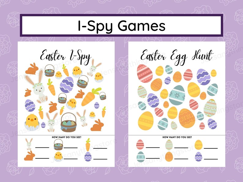 May include: Two printable Easter-themed I Spy games. The first game features a white bunny, chicks, carrots, and Easter eggs. The second game features a grid of colorful Easter eggs. Both games have blank lines for counting the number of items.
