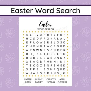May include: A printable Easter word search puzzle with a light purple background and a white grid. The words to find are: Easter, bunny, carrots, April, eggs, basket, spring, and flowers.