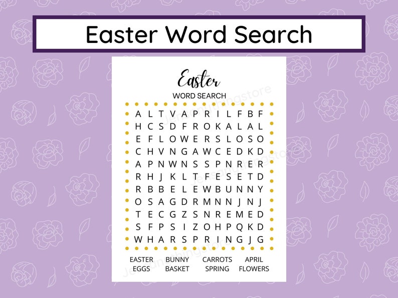 May include: A printable Easter word search puzzle with a light purple background and a white grid. The words to find are: Easter, bunny, carrots, April, eggs, basket, spring, and flowers.