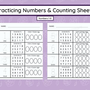 May include: Black and white printable worksheet for practicing numbers 1-8.  The worksheet has two columns. The left column has a dotted line for tracing the number and the number word. The right column has a section to circle the numbers 1-8 and a section to color in Easter eggs.