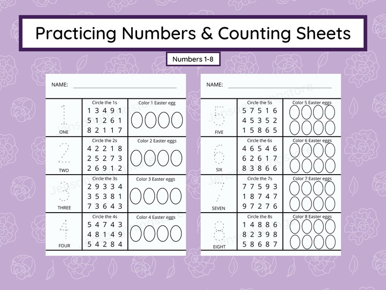May include: Black and white printable worksheet for practicing numbers 1-8.  The worksheet has two columns. The left column has a dotted line for tracing the number and the number word. The right column has a section to circle the numbers 1-8 and a section to color in Easter eggs.