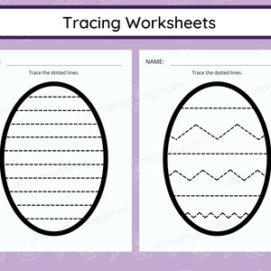 May include: Two black and white tracing worksheets for kids. Each worksheet features an oval shape with dotted lines to trace. The first worksheet has horizontal lines and the second worksheet has zig-zag lines.