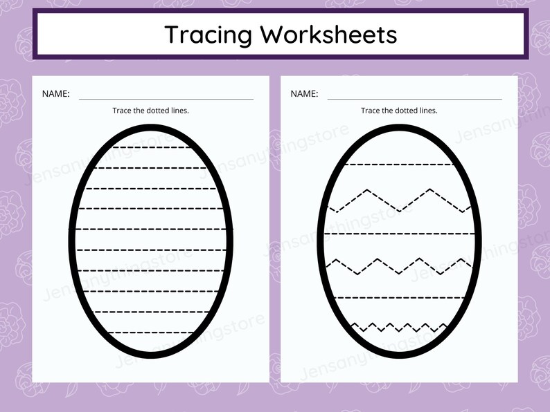 May include: Two black and white tracing worksheets for kids. Each worksheet features an oval shape with dotted lines to trace. The first worksheet has horizontal lines and the second worksheet has zig-zag lines.