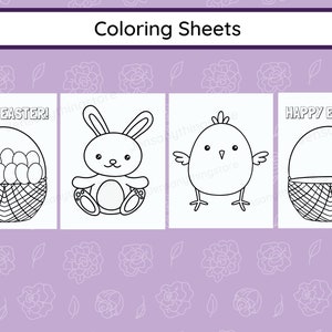 May include: Four black and white coloring pages featuring Easter themes. The pages include a basket of eggs, a bunny rabbit, a chick, and an empty basket. The text "Happy Easter!" appears on two of the pages.