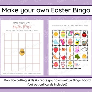 May include: Printable Easter Bingo game with a 5x5 grid and a free space in the center. The game includes a sheet of images to cut out and glue onto the grid. The images include a sun, an Easter egg, a flower, a rainbow, a ladybug, a bunny, a butterfly, a bee, a basket, a strawberry, a bird, a carrot, a bunny, a cloud, a caterpillar, a watering can, a bunny, a tree, and a chick.