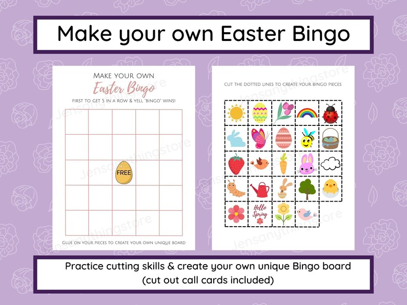 May include: Printable Easter Bingo game with a 5x5 grid and a free space in the center. The game includes a sheet of images to cut out and glue onto the grid. The images include a sun, an Easter egg, a flower, a rainbow, a ladybug, a bunny, a butterfly, a bee, a basket, a strawberry, a bird, a carrot, a bunny, a cloud, a caterpillar, a watering can, a bunny, a tree, and a chick.
