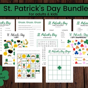 Paquete familiar imprimible del Día de San Patricio, Juegos del Día de San Patricio, Bingo del Día de San Patricio, Juegos para niños del Día de San Patricio, Paquete de San Patricio