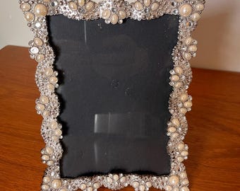 Silver Metal Jeweled Picture Frame - 5x7 - Ornate Photo Frame - Pearls and Rhinestones - Velvet Back and Easel - Wedding Decor