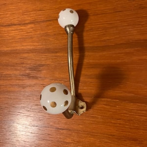 Brass and Porcelain Coat Hook - Double Hook - White Porcelain Ends w Gold Polka Dots - Bathroom Decor - Entryway Decor