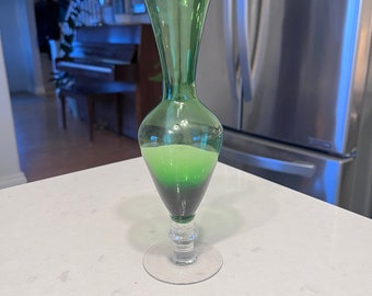 Mid Century Modern Hand Blown Smooth Green Glass Posy Vase Clear Base