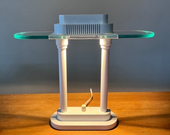 Robert Sonneman Halogen Desk Lamp - Glossy White - 2 Light Settings - 1980s - Post Modern - Tempered Glass Halo - Banker's Lamp