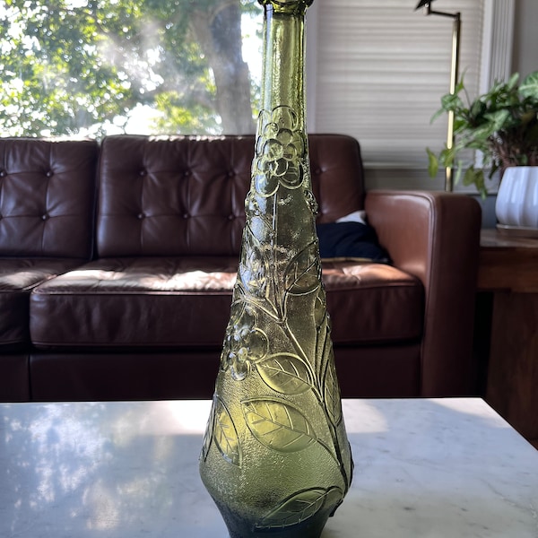 vintage Empoli Art Glass Genie Bottle Decanter/Vase - 15 1/2"- Olive Green - Flower & Leaf Pattern Glass- NO Stopper- MCM Italian Blown Glass